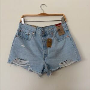 Levi's Light Blue Distressed High-Rise Denim Shorts